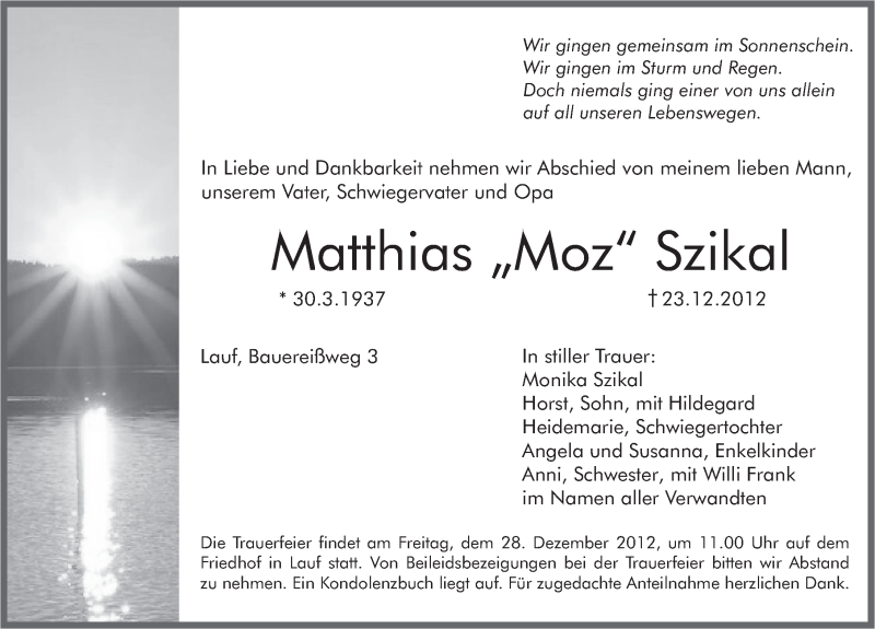  Traueranzeige für Matthias Szikal vom 27.12.2012 aus Pegnitz-Zeitung